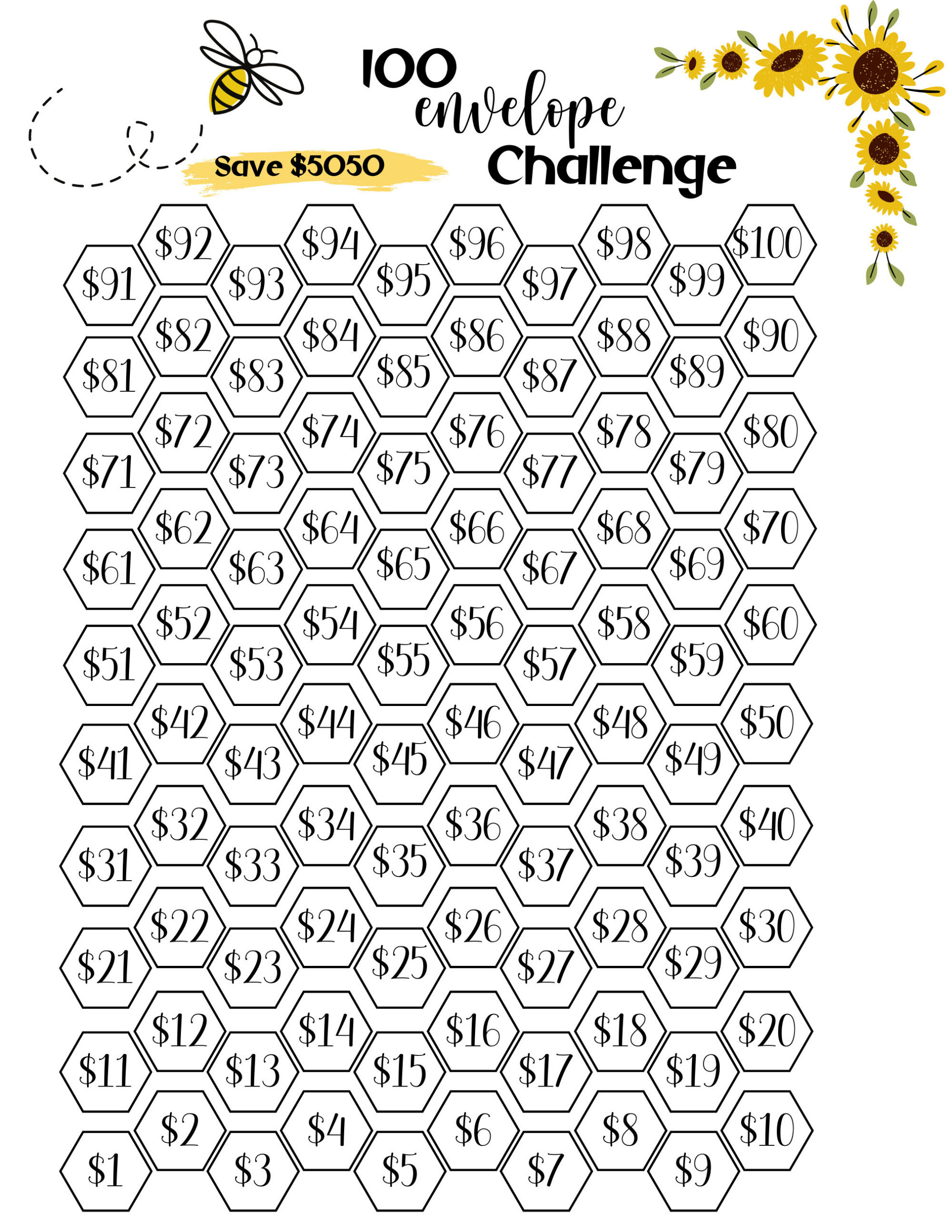 100 Envelope Challenge Tracker: Bee Theme Savings Goal (Printable pertaining to 100 Day Envelope Challenge Printable