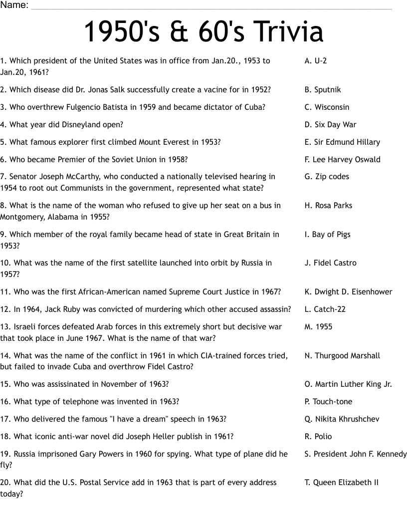 1950'S & 60'S Trivia Worksheet - Wordmint intended for 1960s Trivia Questions and Answers Printable