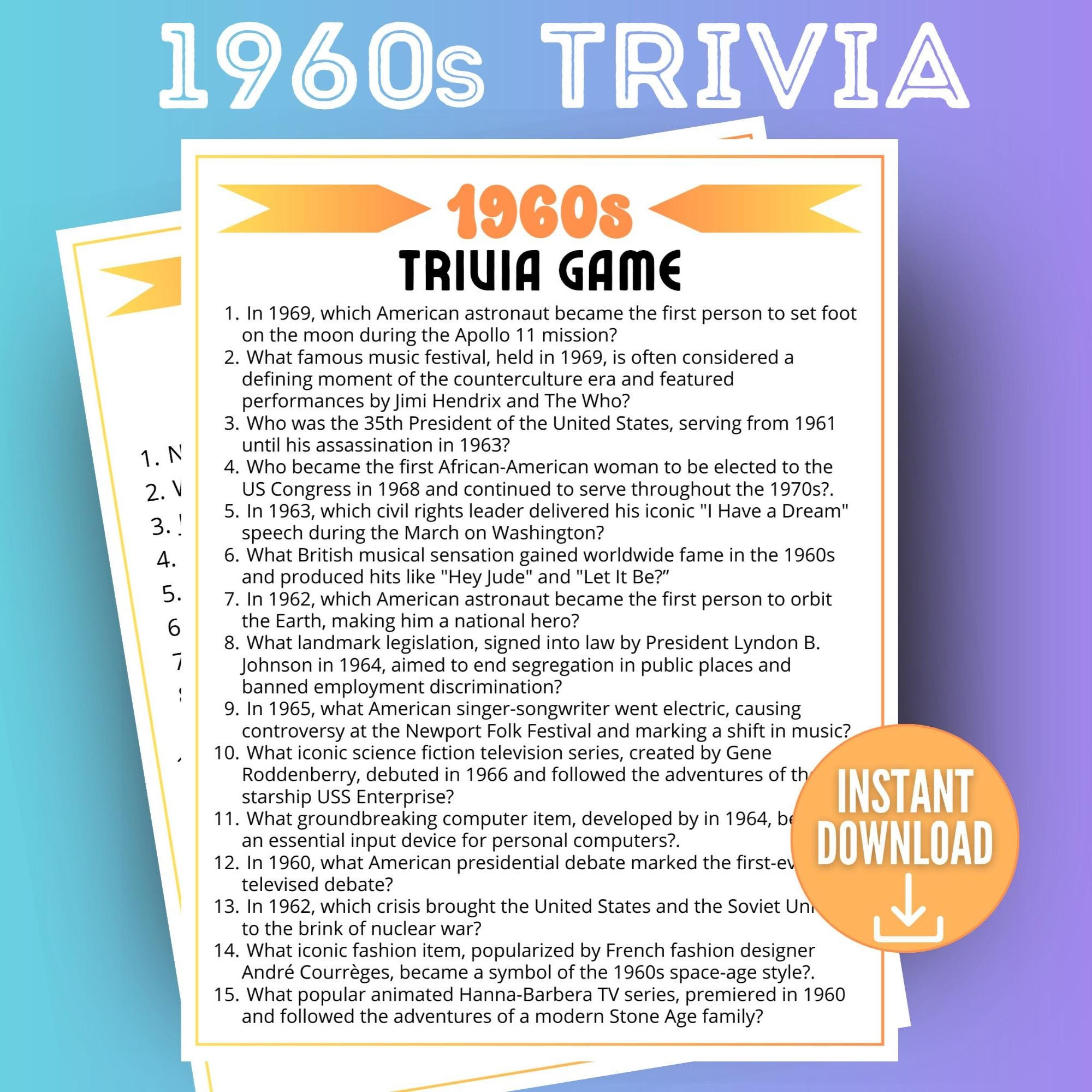 1960S Decade Trivia Game, Trivia Questions, 60S Trivia Quiz, 1960S pertaining to 1960s Trivia Questions and Answers Printable