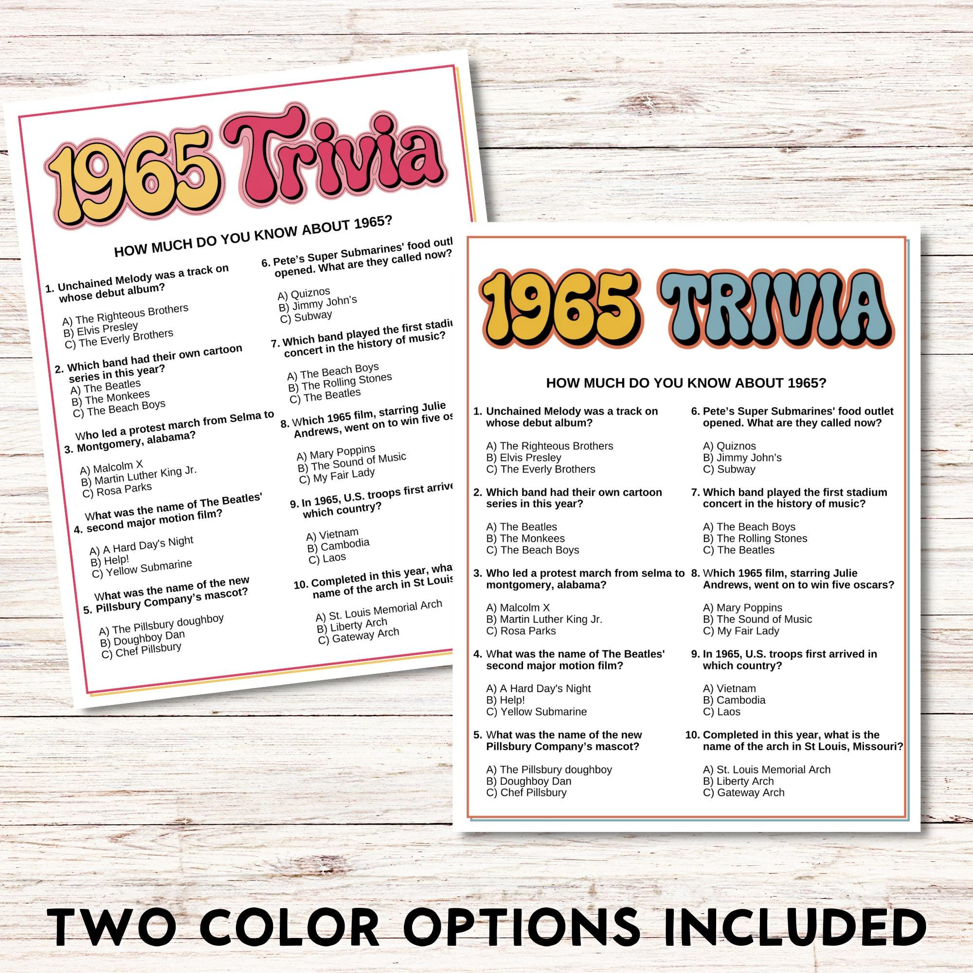 1965-Trivia-Spiel, 60.Geburtstag-Partyaktivitäten, Druckbare Lustige Fakten, Sofortiger Download within 1960's Trivia Questions and Answers Printable