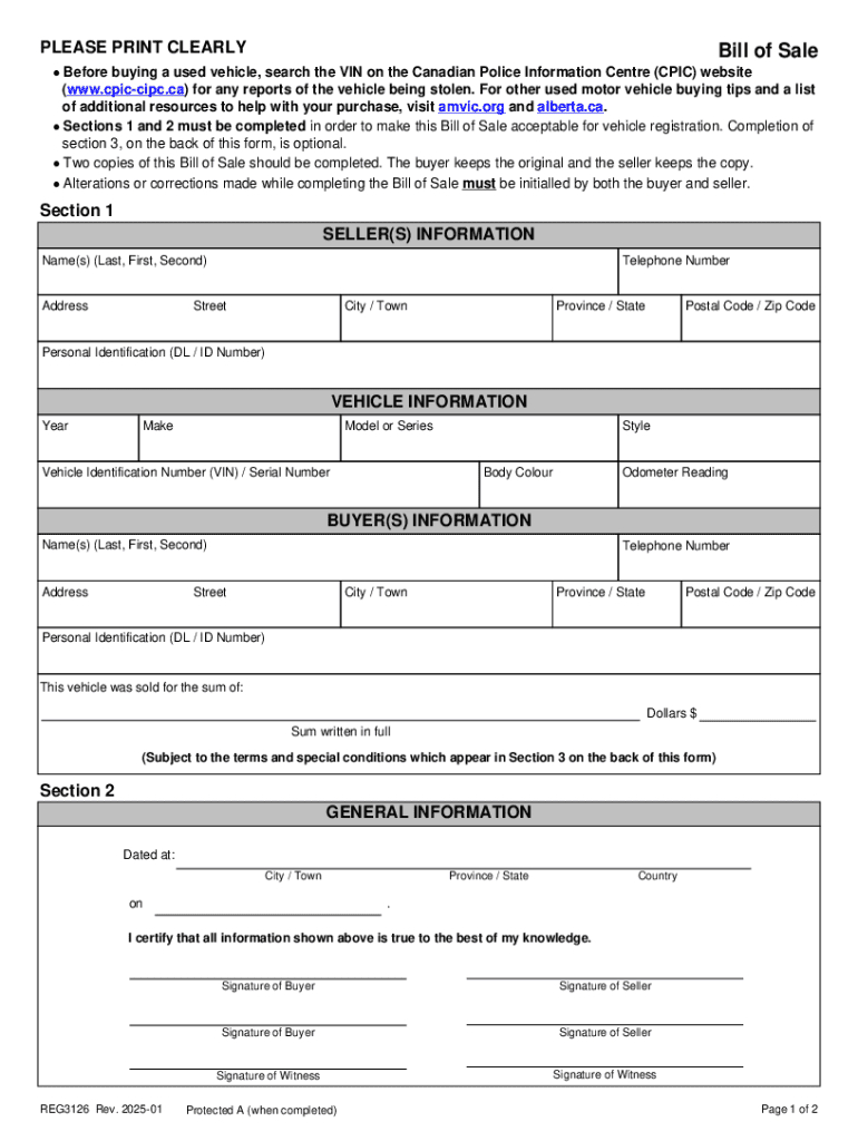 2025 Ca Alberta Form Reg3126 Fill Online, Printable, Fillable pertaining to Printable Bill Of Sale For Alberta