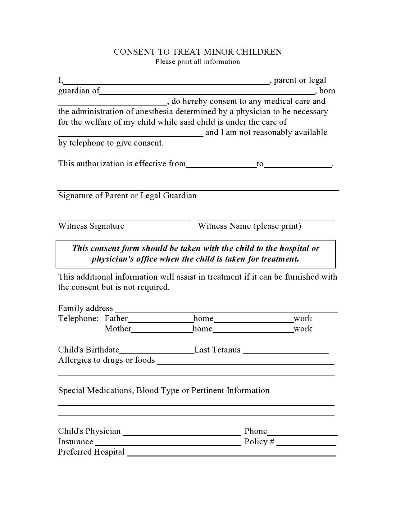 43 Printable Medical Consent Forms For Minor (Free) regarding Basic Printable Medical Consent Form For Minor