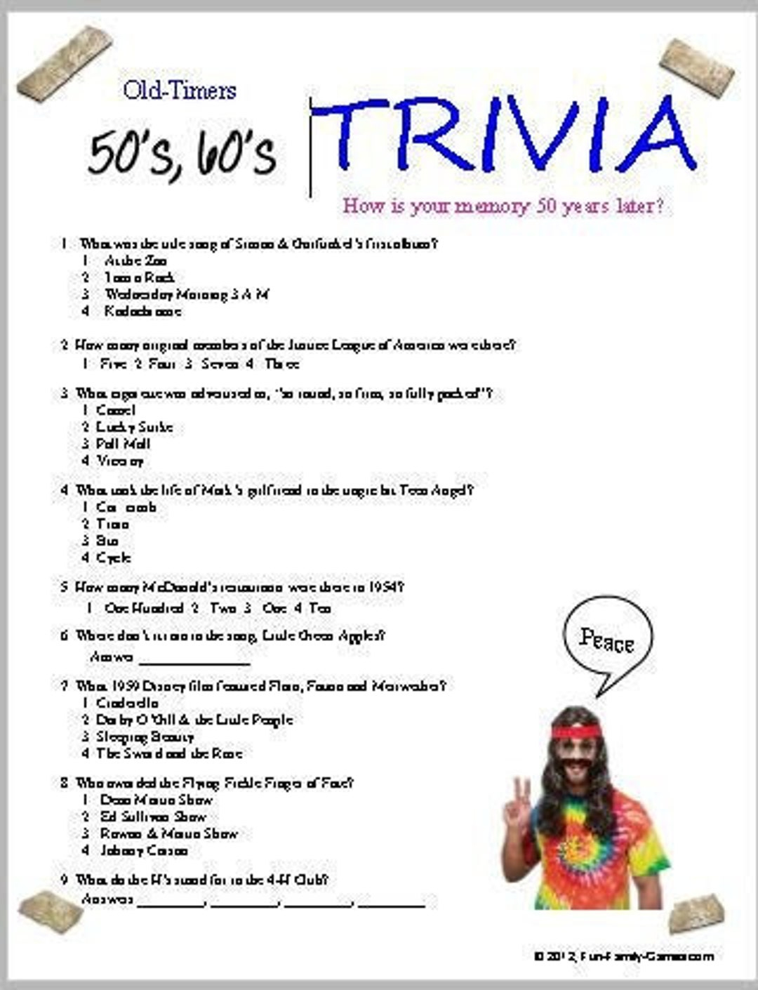 50'S - 60'S Trivia, - Etsy with 1960S Trivia Questions And Answers Printable