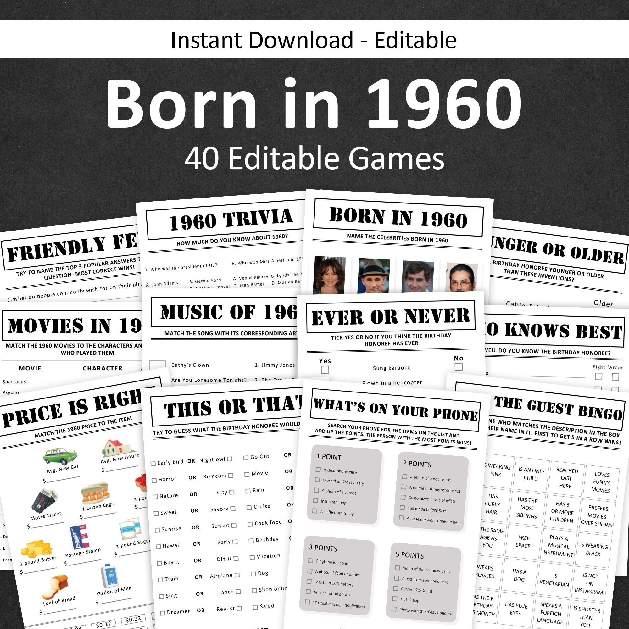 65Th Birthday Games Bundle 65Th Birthday Party Games 1960 Trivia pertaining to 1960's Trivia Questions and Answers Printable