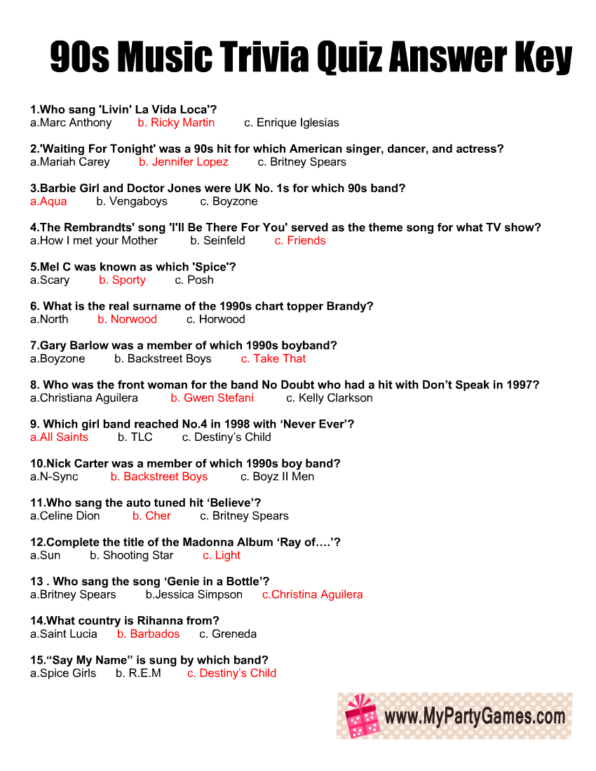 90S Music Trivia Quiz, With Its Answer Key with regard to 90s Trivia Questions and Answers Printable
