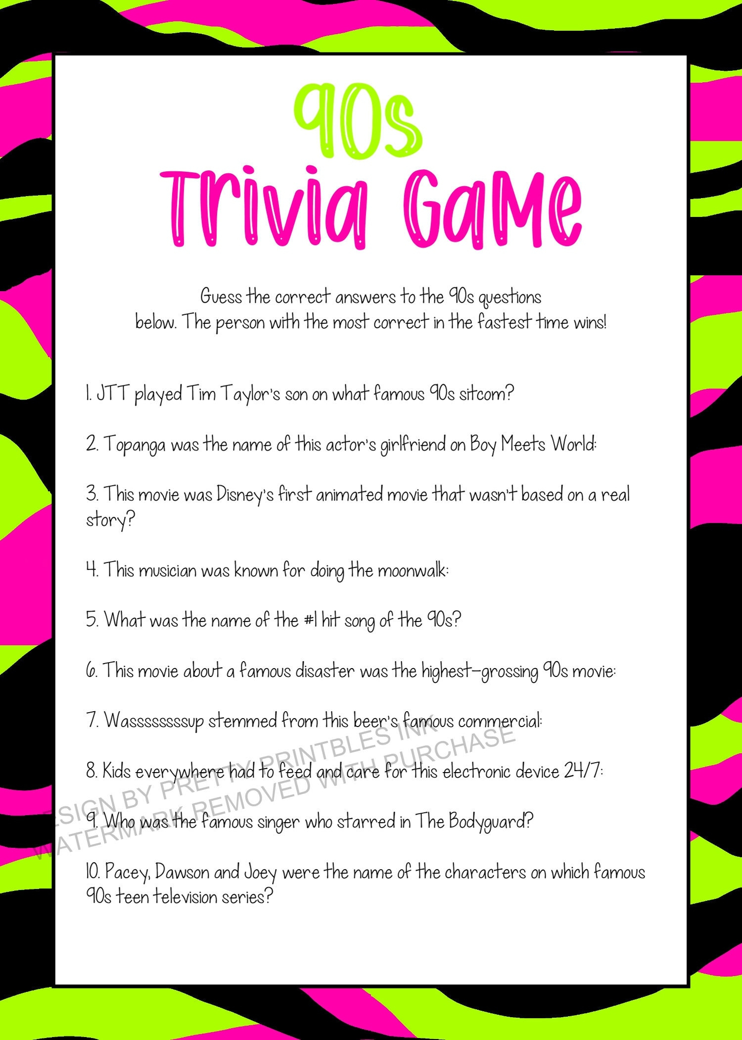 90S Trivia Game: Printable Adult Party Quiz (Pdf) - Etsy Denmark with regard to 90S Trivia Questions And Answers Printable