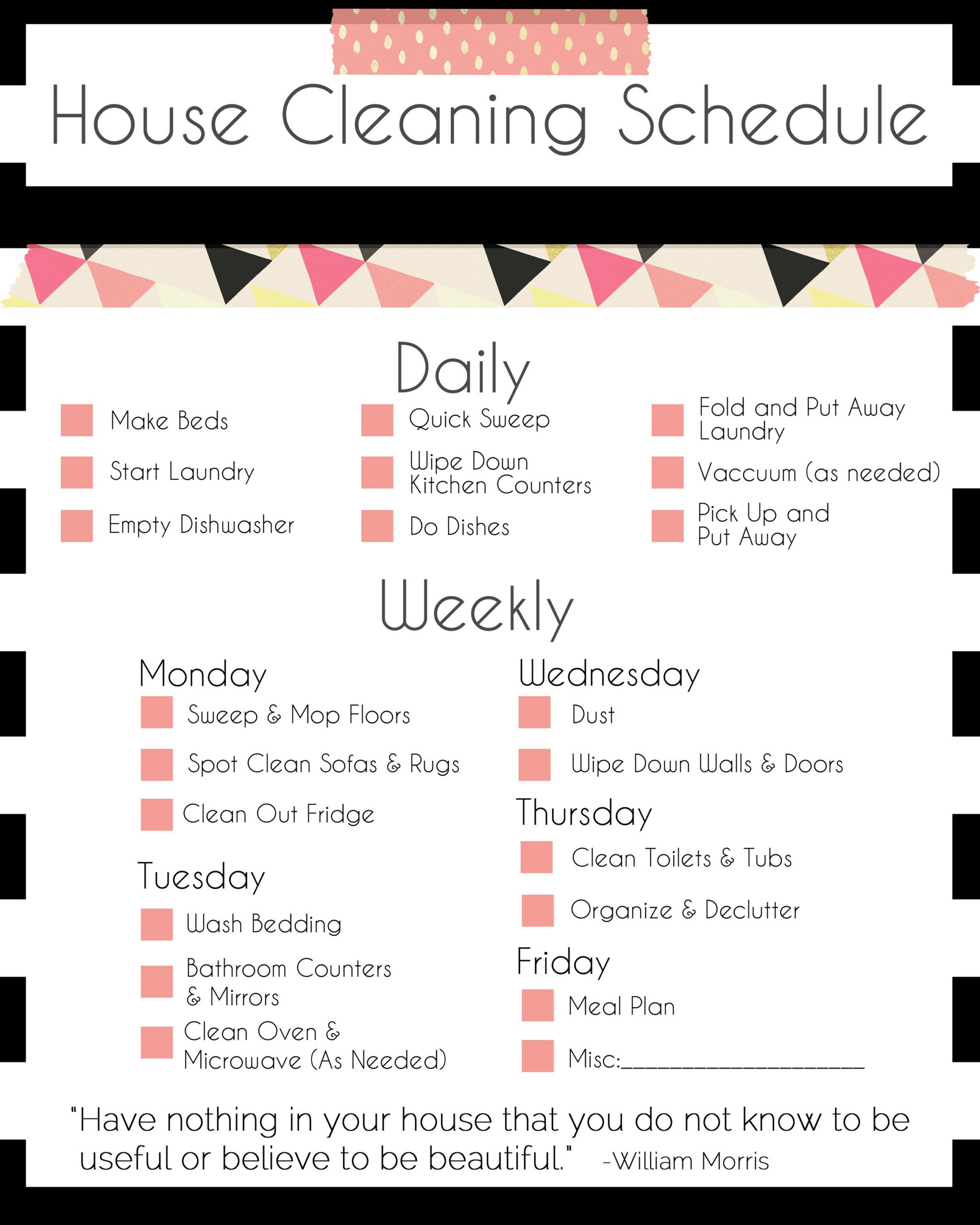A Basic Cleaning Schedule Checklist Printable throughout Weekly House Cleaning Checklist Printable