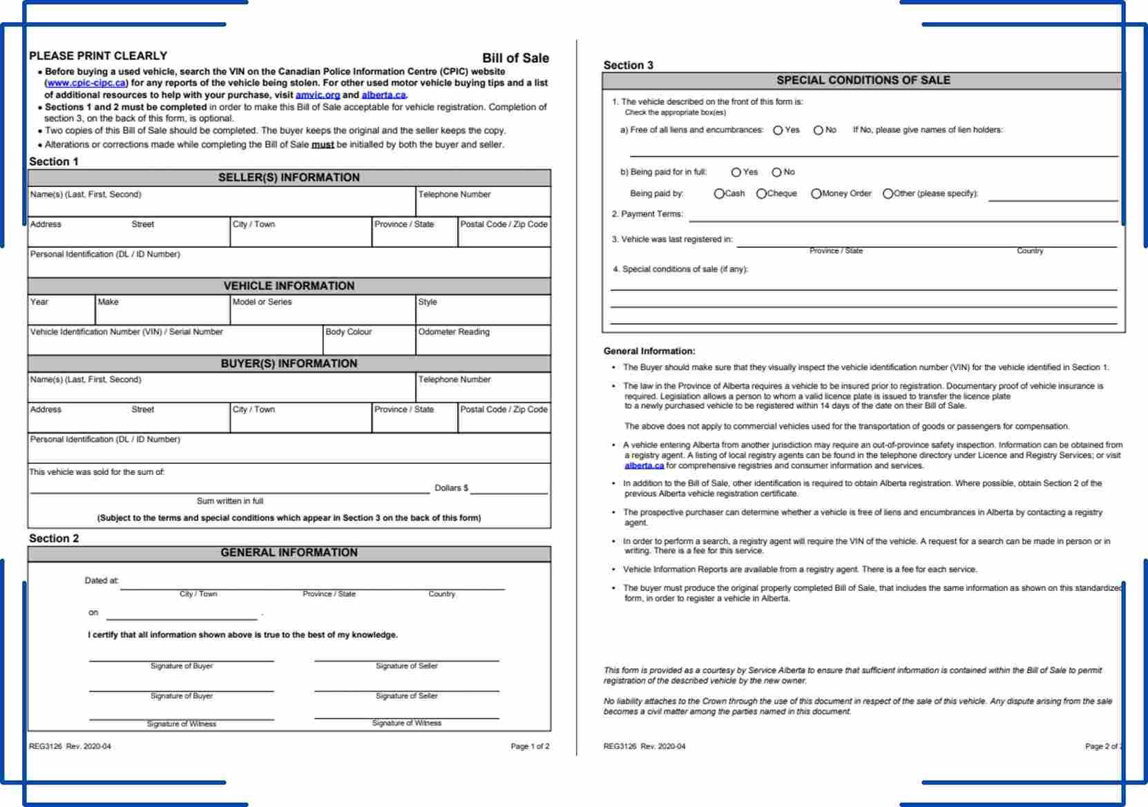 Alberta Vehicle Bill Of Sale Canada [Free Printable, Pdf] - Print intended for Printable Bill of Sale For Alberta