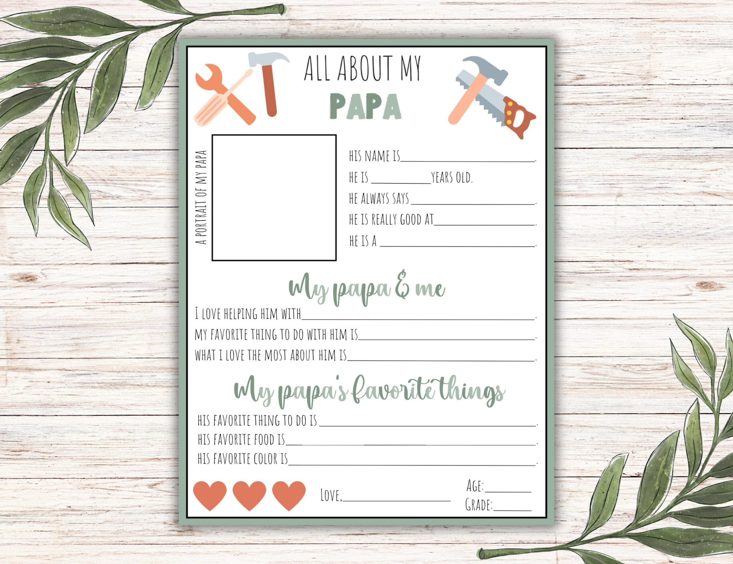 All About My Papa Printable, Personalized Gift For Grandpa, Papa inside All About My Papa Printable