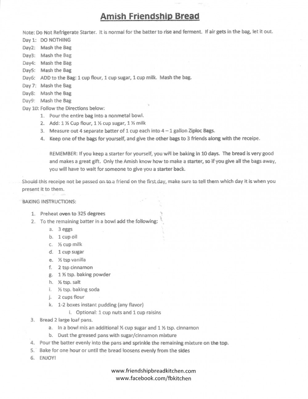 Amish Friendship Bread Instructions regarding Amish Friendship Bread Starter Recipe Printable