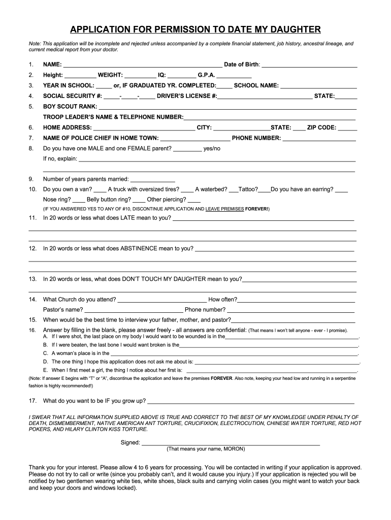 Application For Permission To Date My Daughter Form - Fill Online inside Application to Date My Daughter Printable