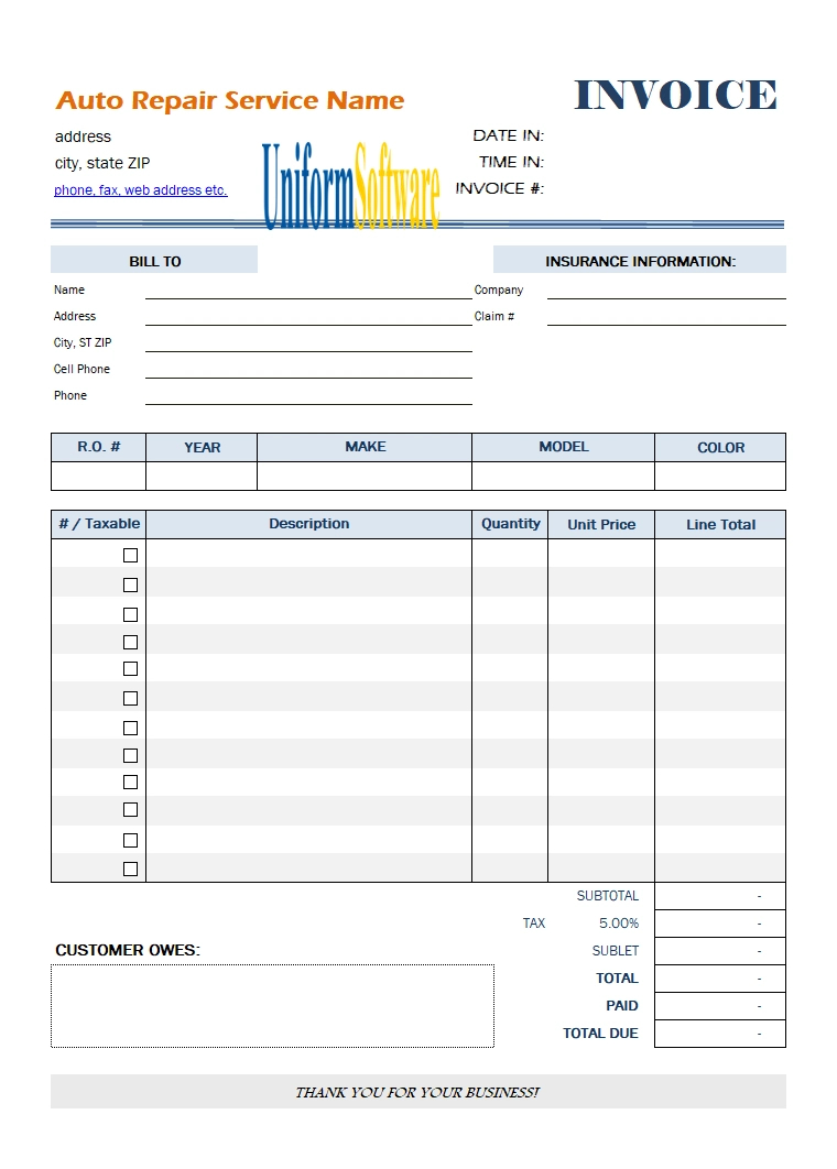 Auto Repair Invoice Template intended for Free Printable Auto Repair Invoice Template