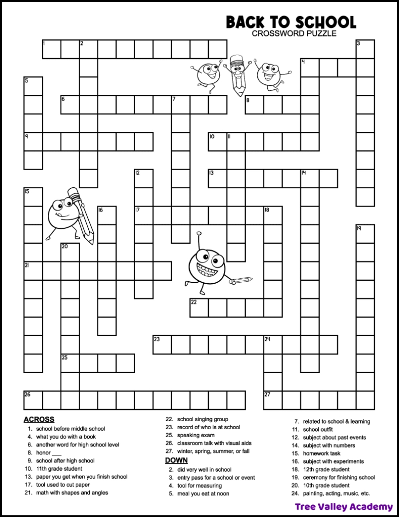 Back To School Crossword Middle School - Tree Valley Academy regarding Free Printable Crossword Puzzles For Students