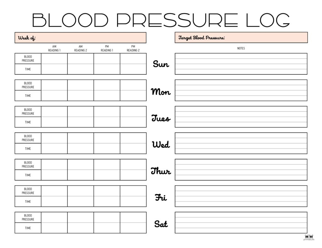 Blood Pressure Logs - 25 Free Printables | Printabulls in Printable Blood Pressure Log Sheet