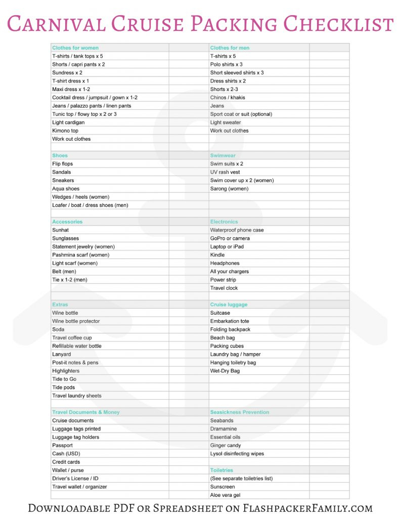 Carnival Cruise Packing List – Printable Checklist Included regarding 14 Day Cruise Packing List Printable