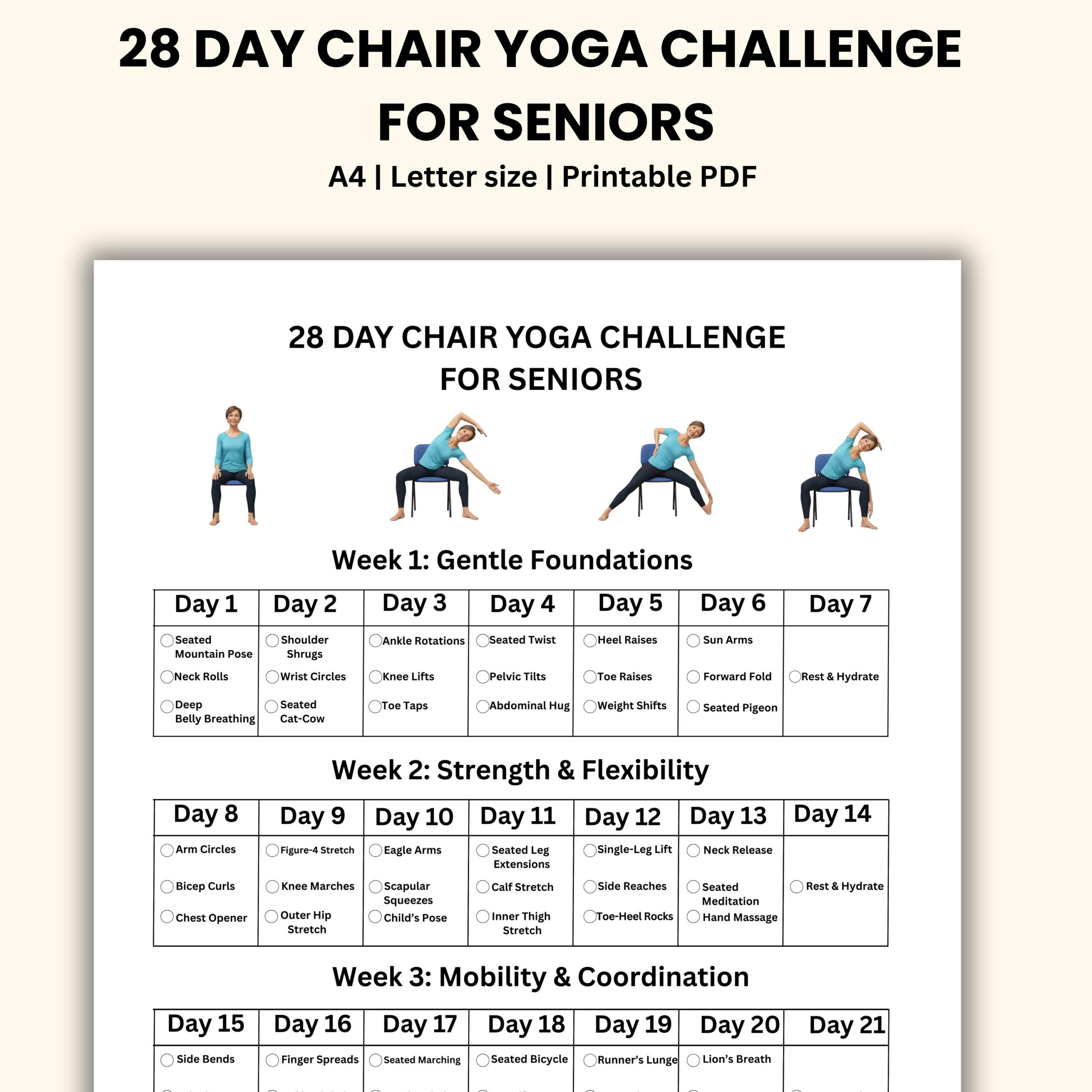 Chair Yoga Challenge: 28-Day Printable Guide For Seniors - Etsy regarding Printable 28 Day Chair Yoga For Seniors Chart