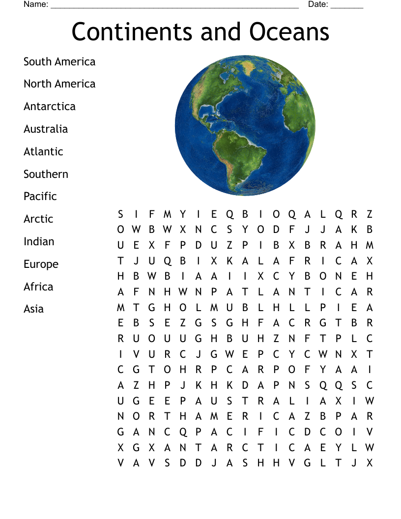 Continents And Oceans Crossword - Wordmint inside Continents And Oceans Quiz Printable