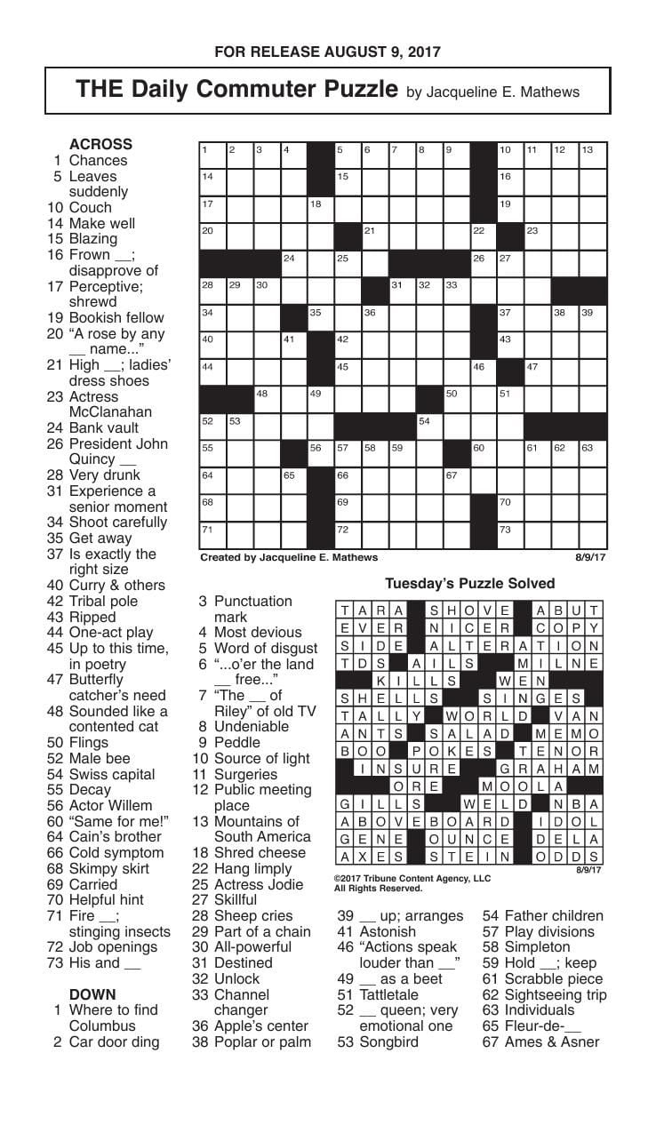 Crosswords, August 9, 2017 | Crosswords | Redandblack throughout Daily Commuter Crossword Puzzle Answers Today Free Printable