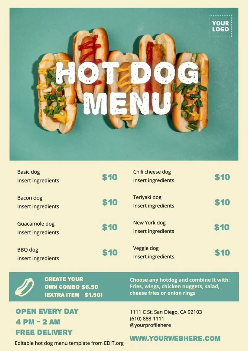 Customizable Hot Dog Menu Templates For Restaurants in Hot Dog Bar Menu Printables