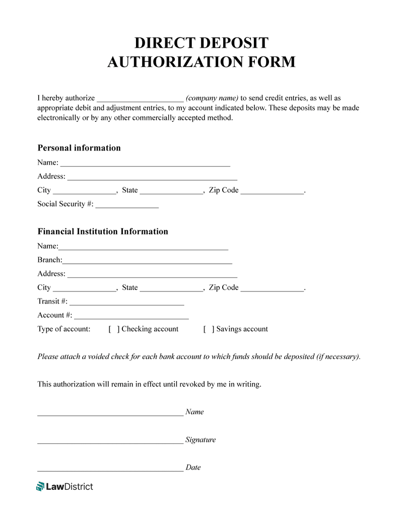 Direct Deposit Authorization Form | Free Pdf | Lawdistrict within Printable Direct Deposit Form