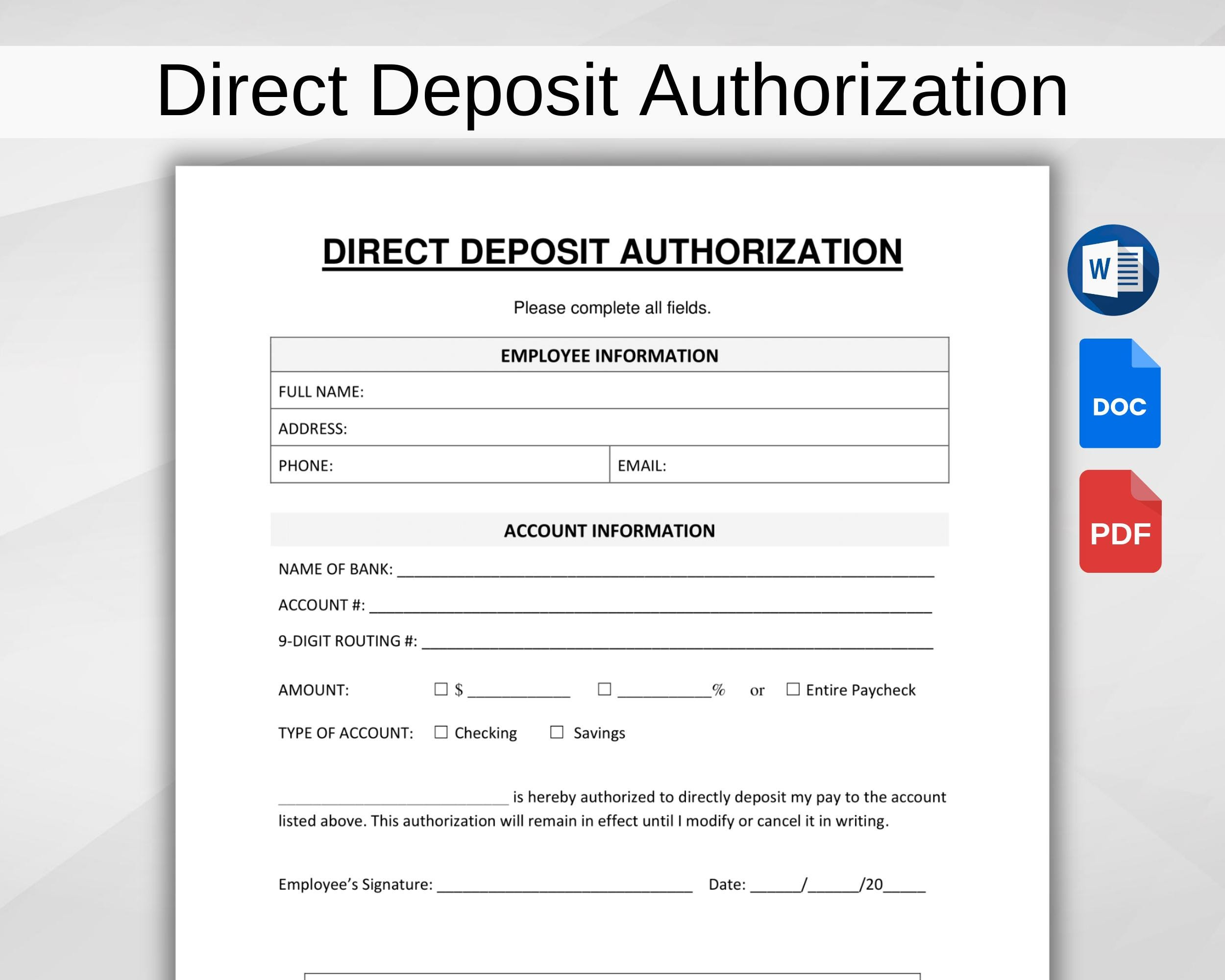 Direct Deposit Authorization. Printable Employee Direct Deposit in Printable Direct Deposit Form