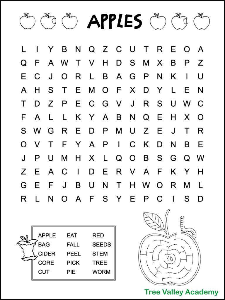 Easy Apple Word Search For Kids - Tree Valley Academy within Free Printable Word Searches For 2nd Graders