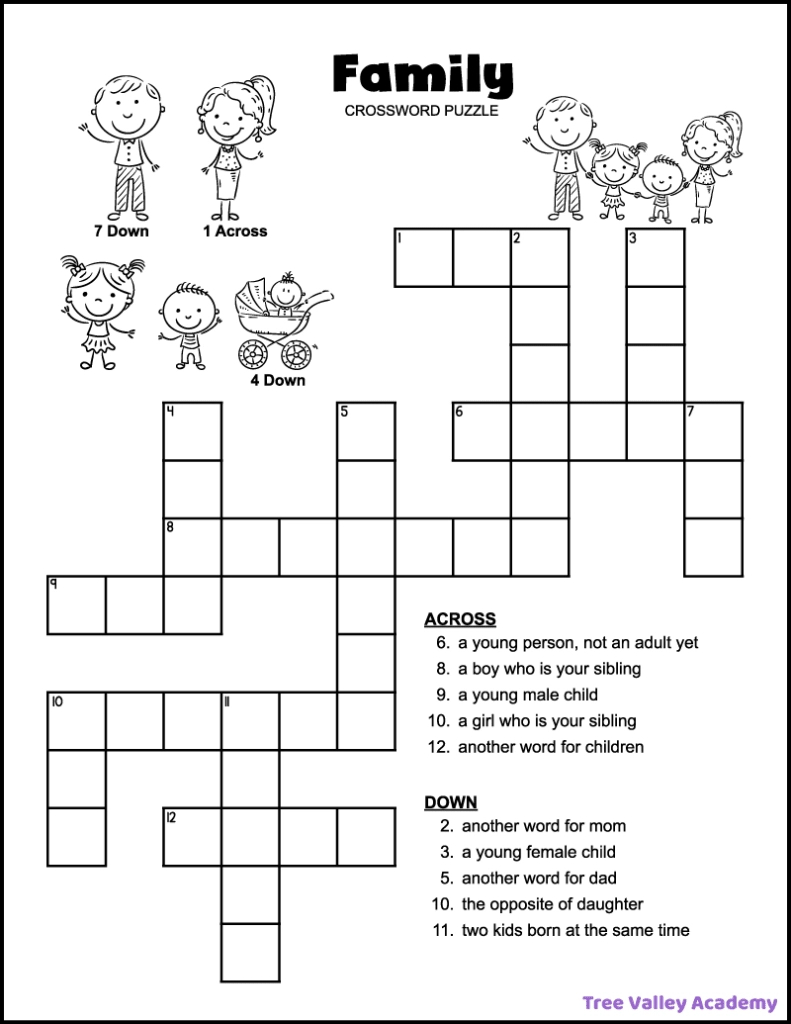 Easy Family Crossword Puzzle - Tree Valley Academy regarding Free Printable Crossword Puzzles For Students