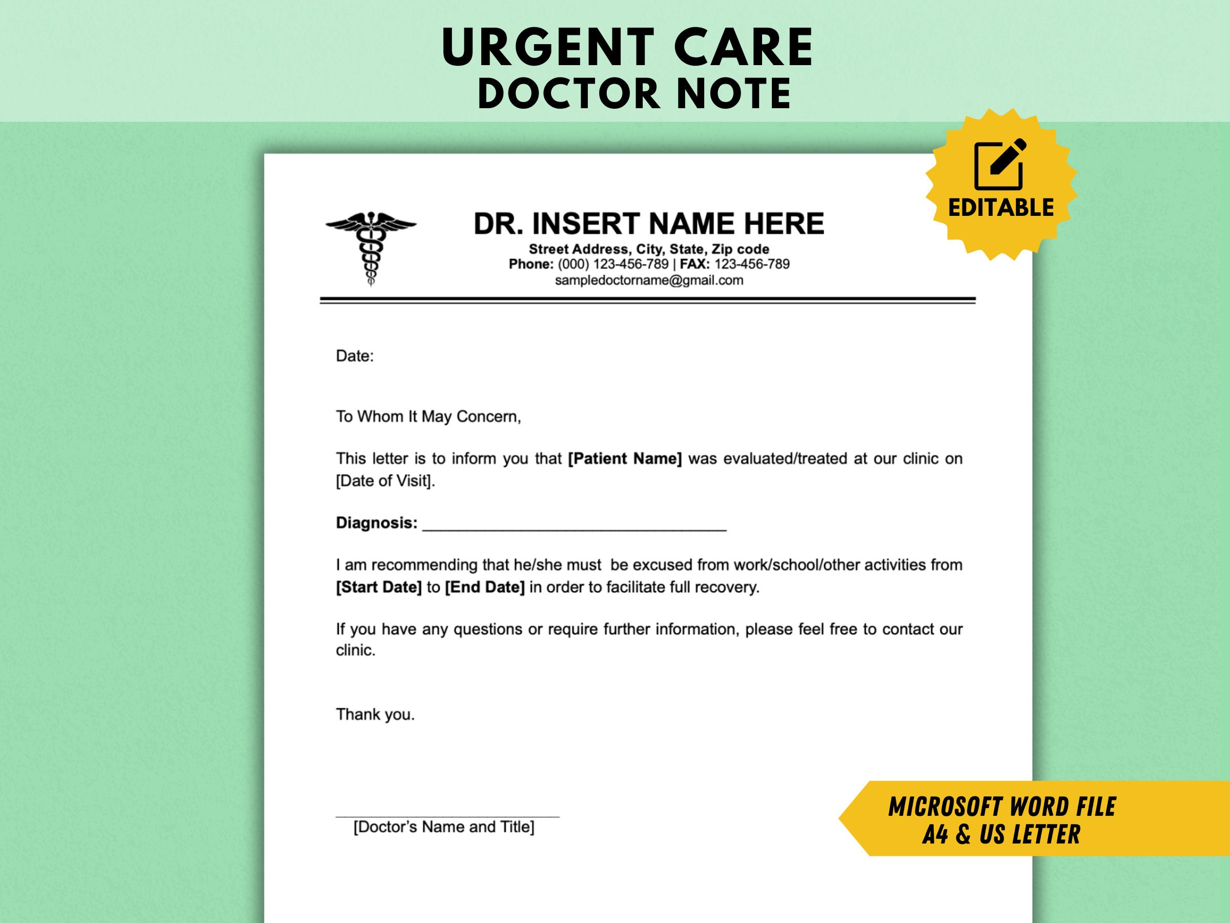 Editable Urgent Care Doctor Note For Work & School, Doctor Excuse intended for Printable Urgent Care Doctors Note