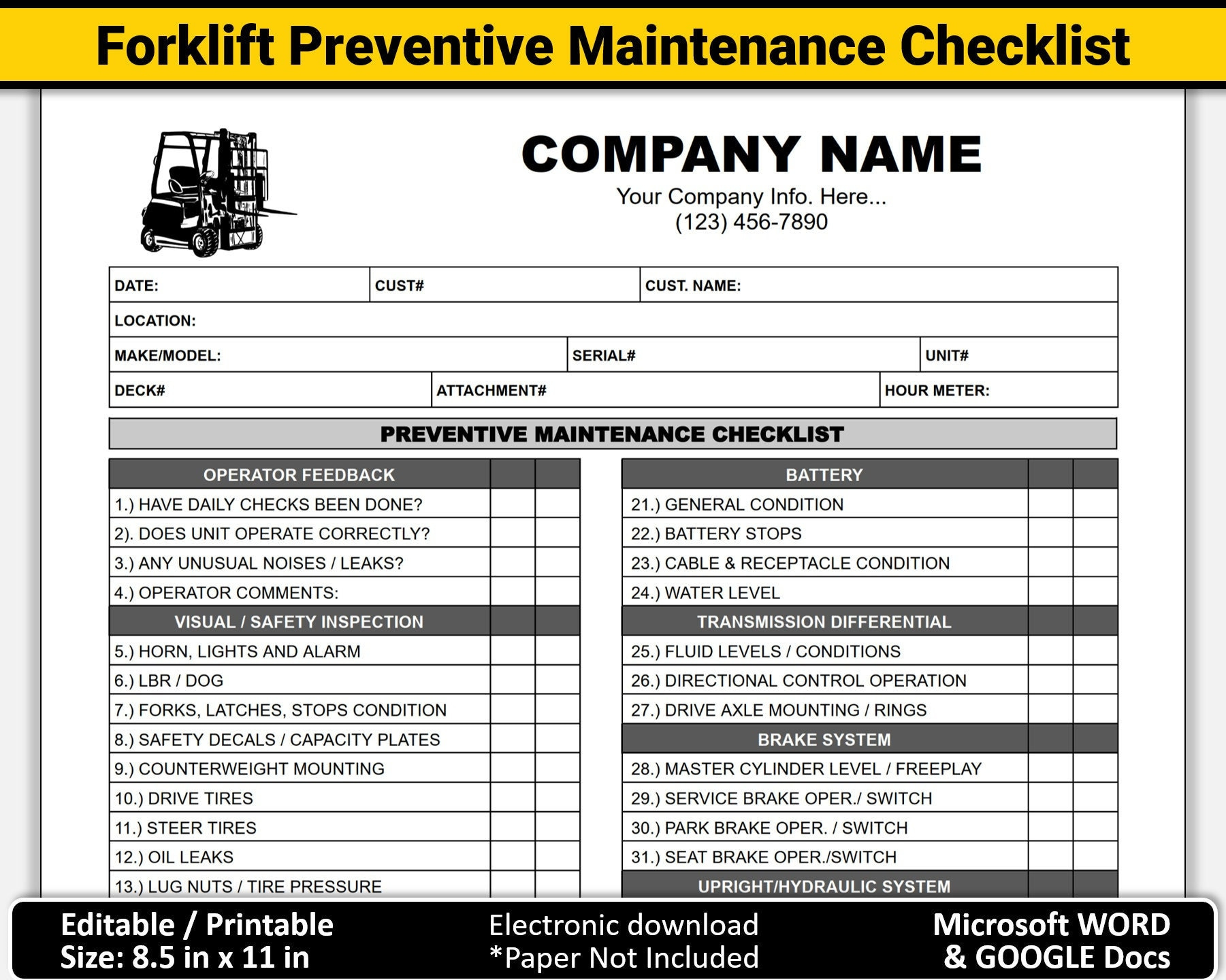 Electric Forklift Preventive Maintenance Checklist, Printable with regard to Printable Free Weekly Forklift Inspection Checklist Template