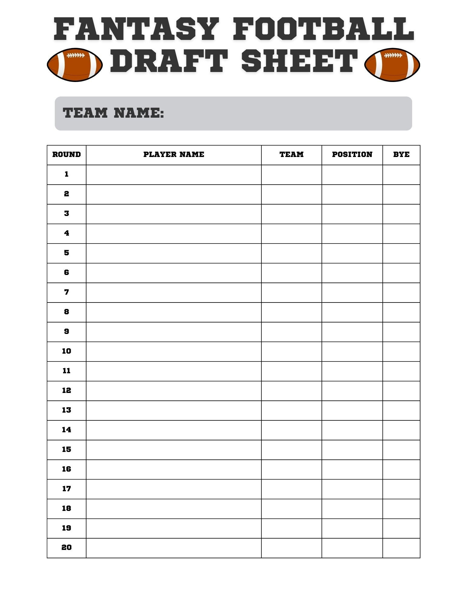 Fantasy Football Draft Sheet: Printable Draft Day Kit (Digital in Printable Fantasy Football Roster Sheet