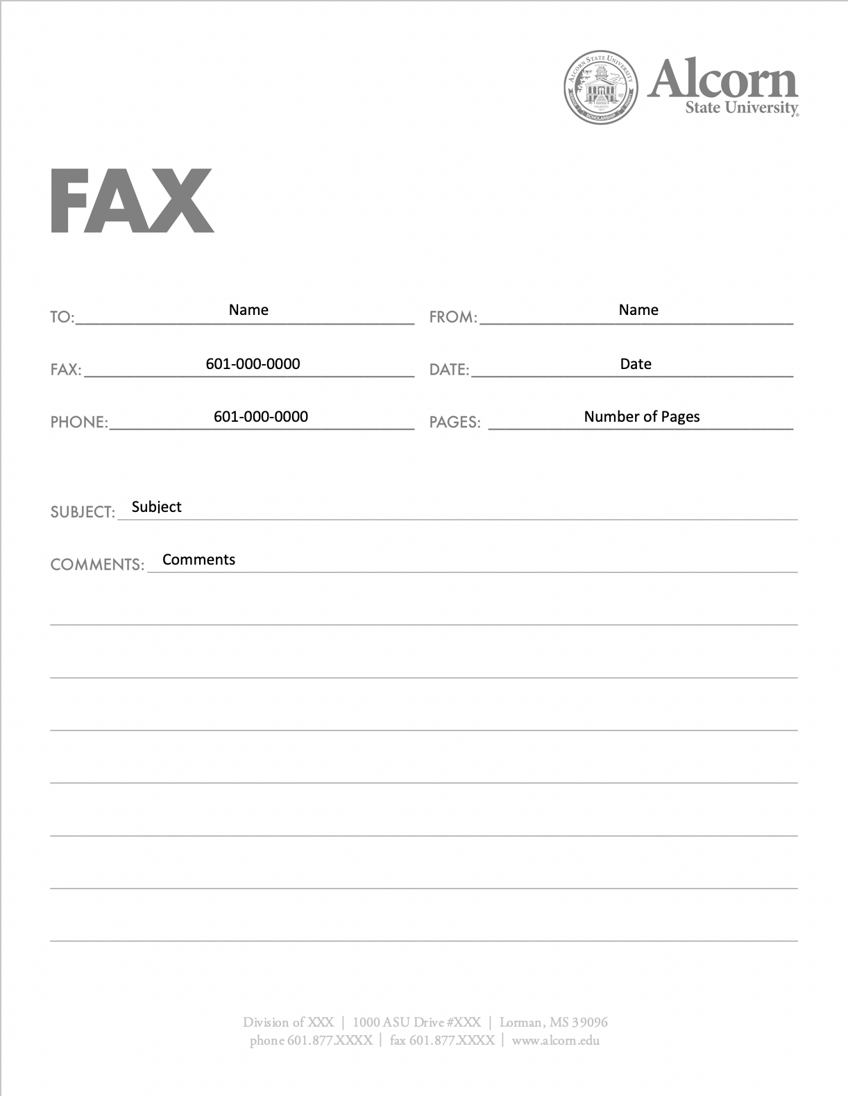 Fax Cover Sheet Template - Alcorn State University with Free Printable Fax Cover Sheet Word