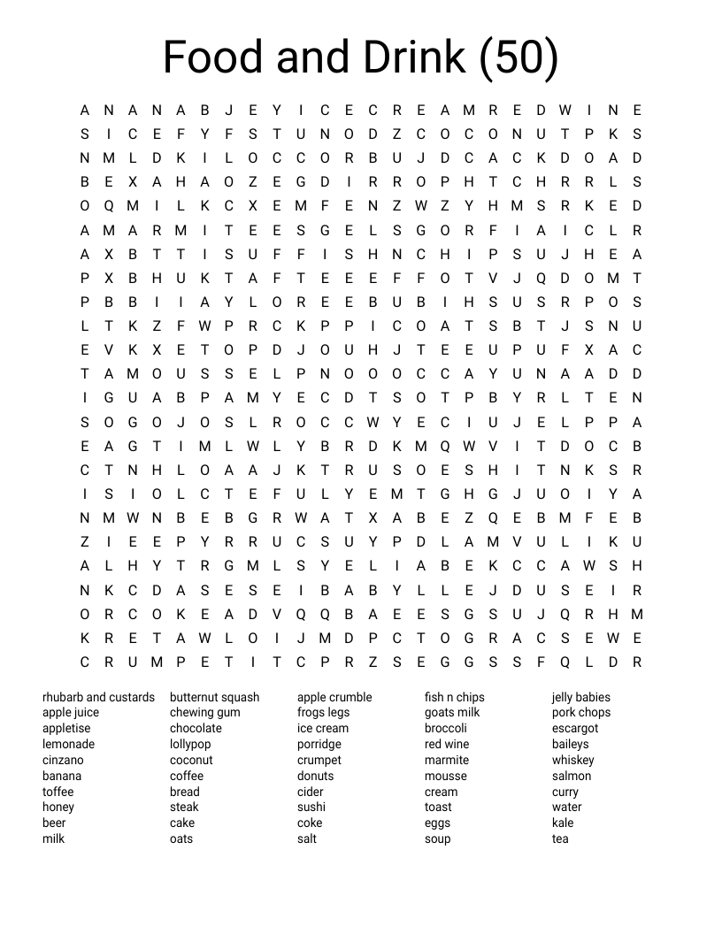 Food And Drink (50) Word Search - Wordmint intended for Adult Word Search Printable
