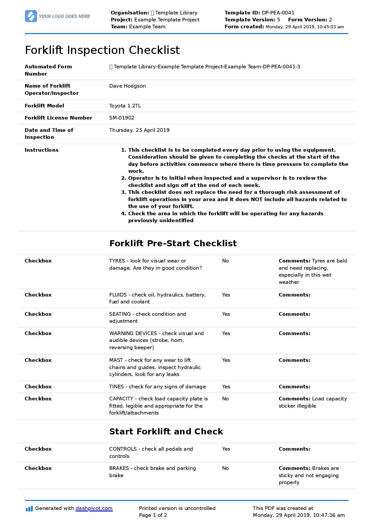 Forklift Inspection Checklist (For Daily, Pre-Use & Safety throughout Printable Free Weekly Forklift Inspection Checklist Template
