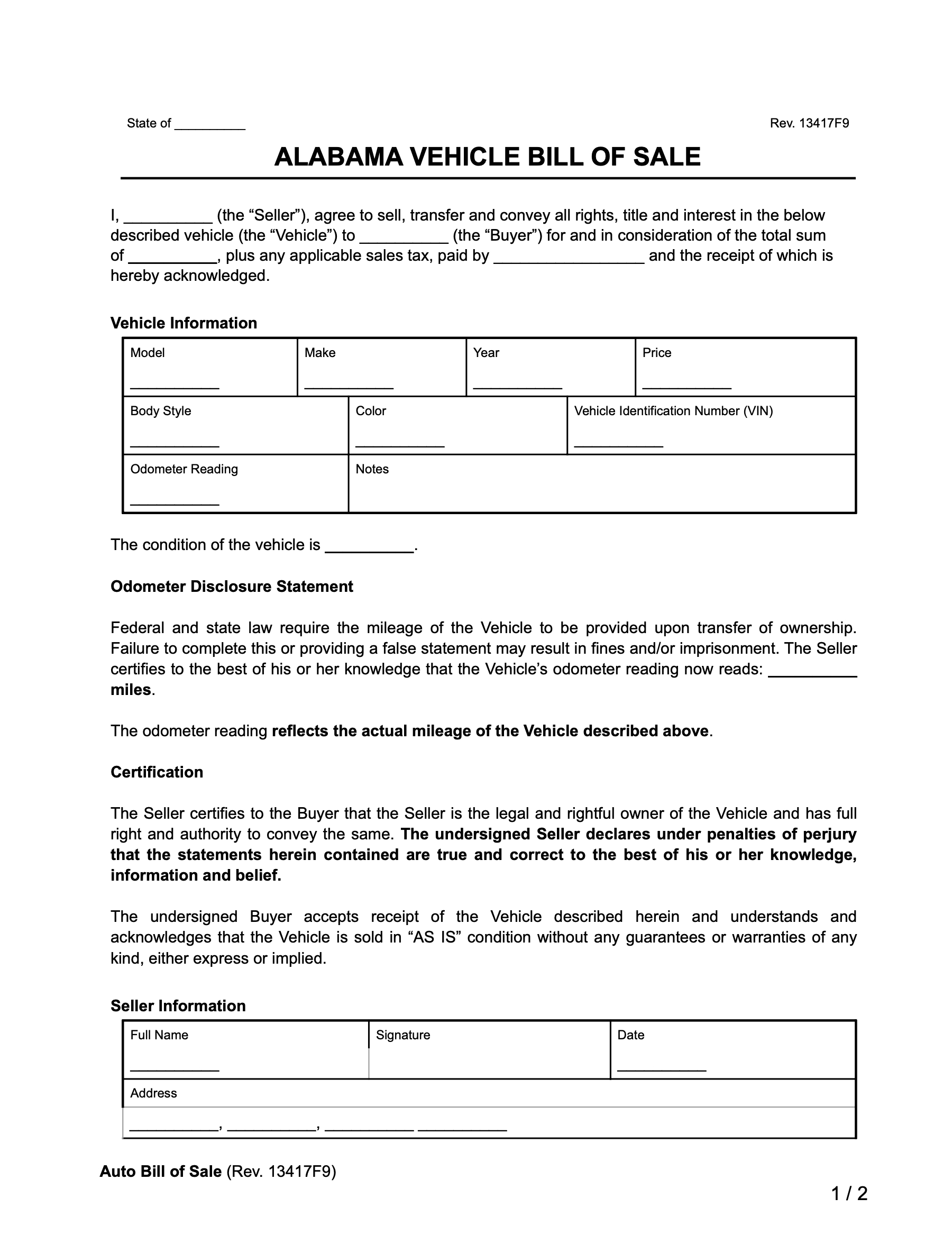 Free Alabama Vehicle Bill Of Sale Template | Pdf And Word throughout Printable Alabama Bill of Sale