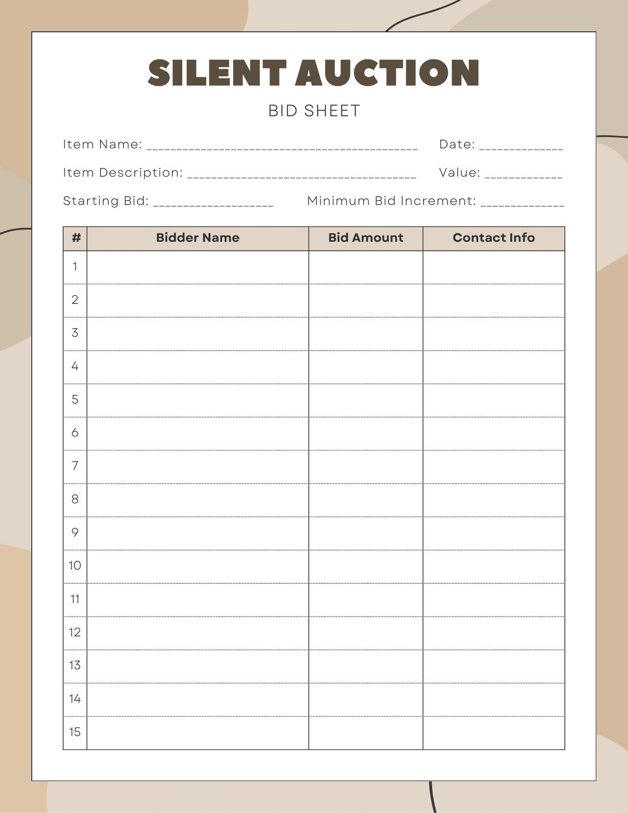 Free And Customizable Auction Templates with Free Printable Silent Auction Bid Sheets
