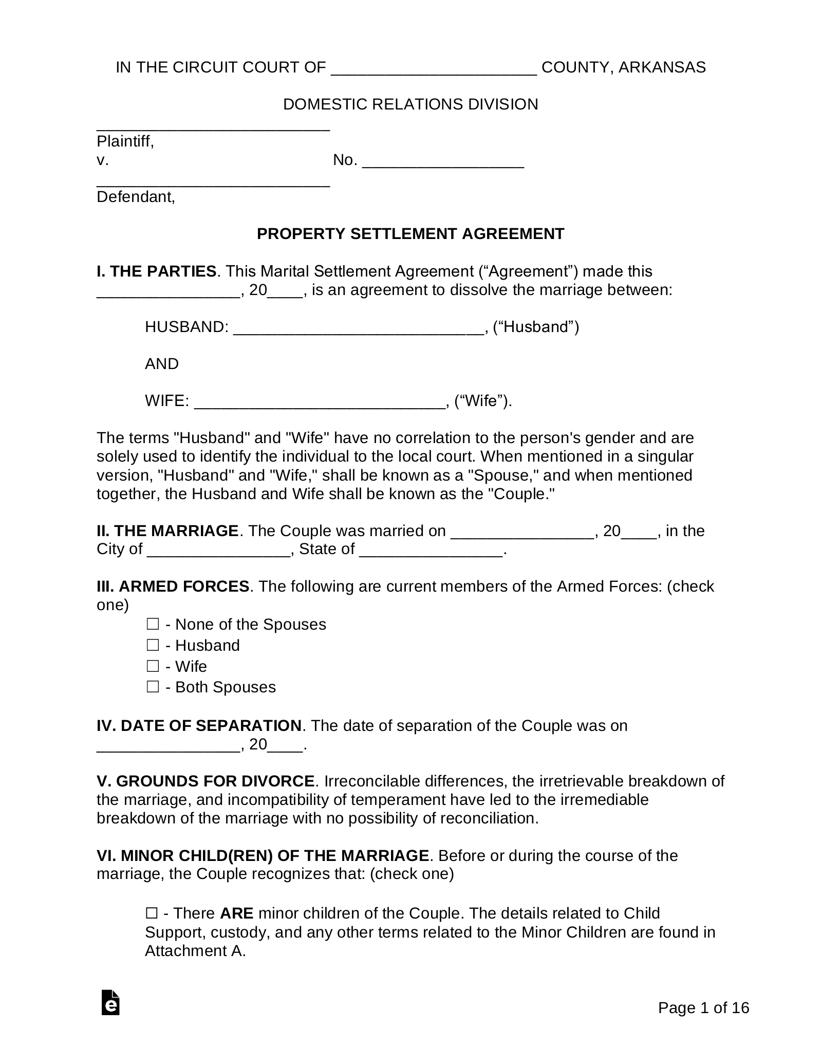 Free Arkansas Marital Settlement (Divorce) Agreement - Pdf | Word with Free Printable Arkansas Divorce Forms