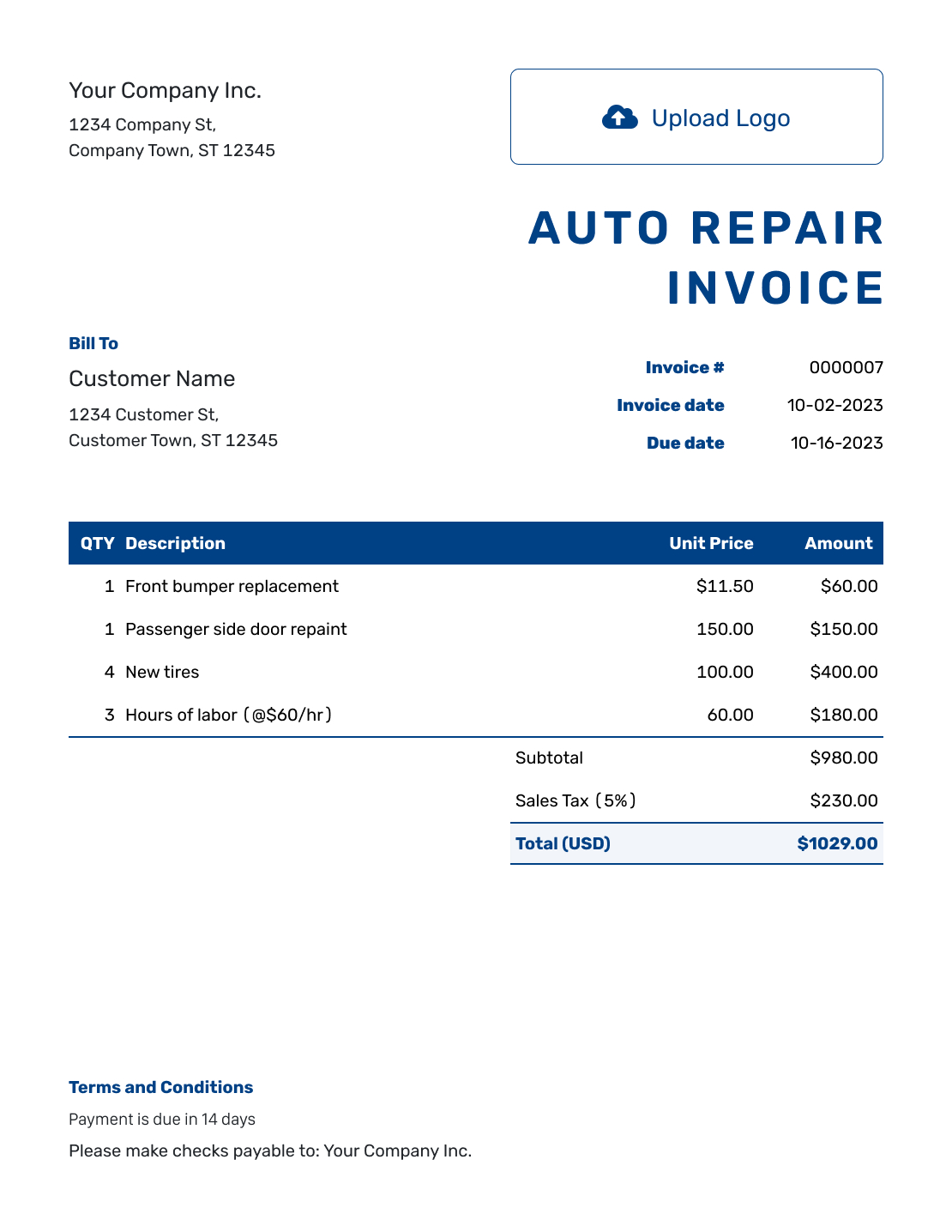 Free Auto Repair Invoice Template | Docelf for Free Printable Auto Repair Invoice Template