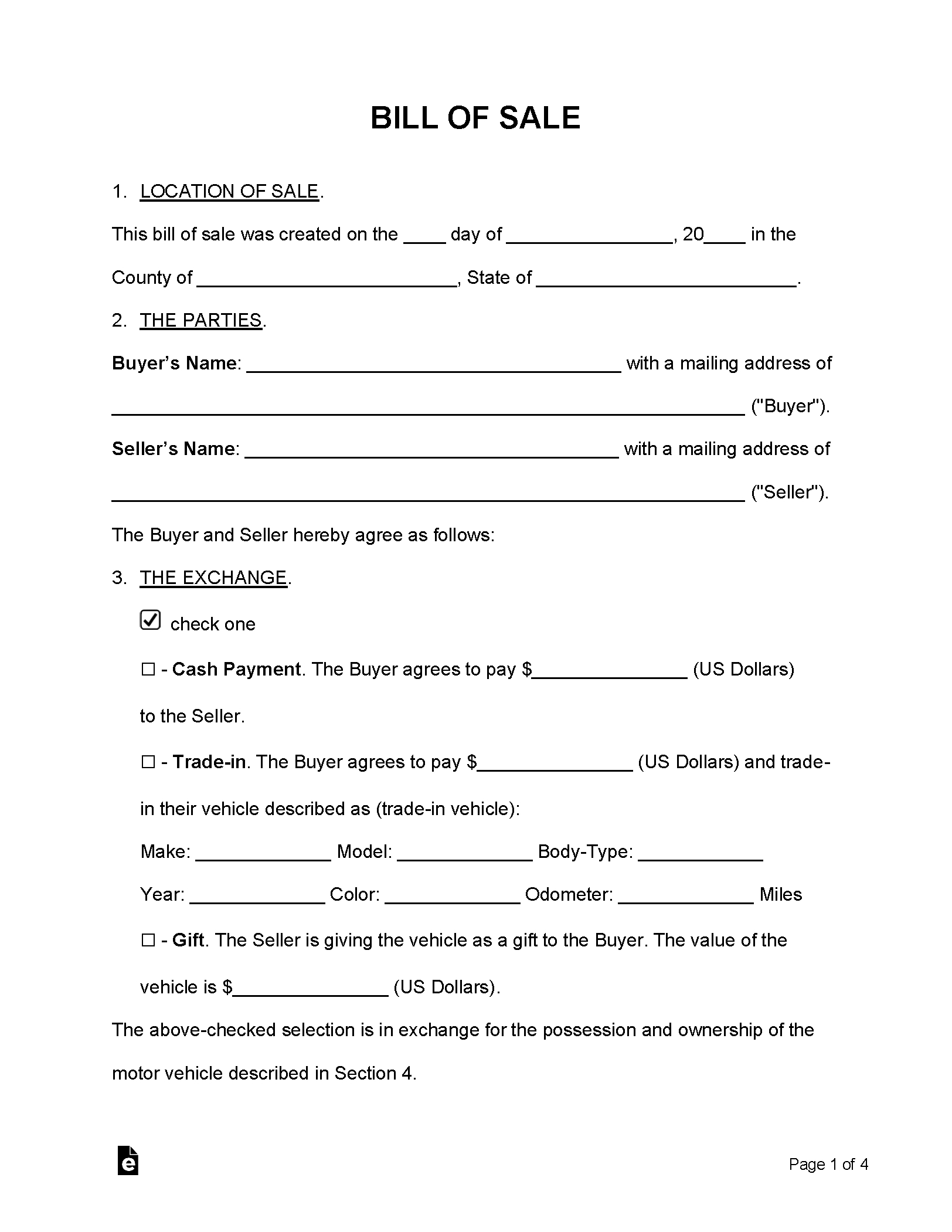 Free Bill Of Sale Forms (24) - Pdf | Word – Eforms with Blank Printable Bill of Sale For Car