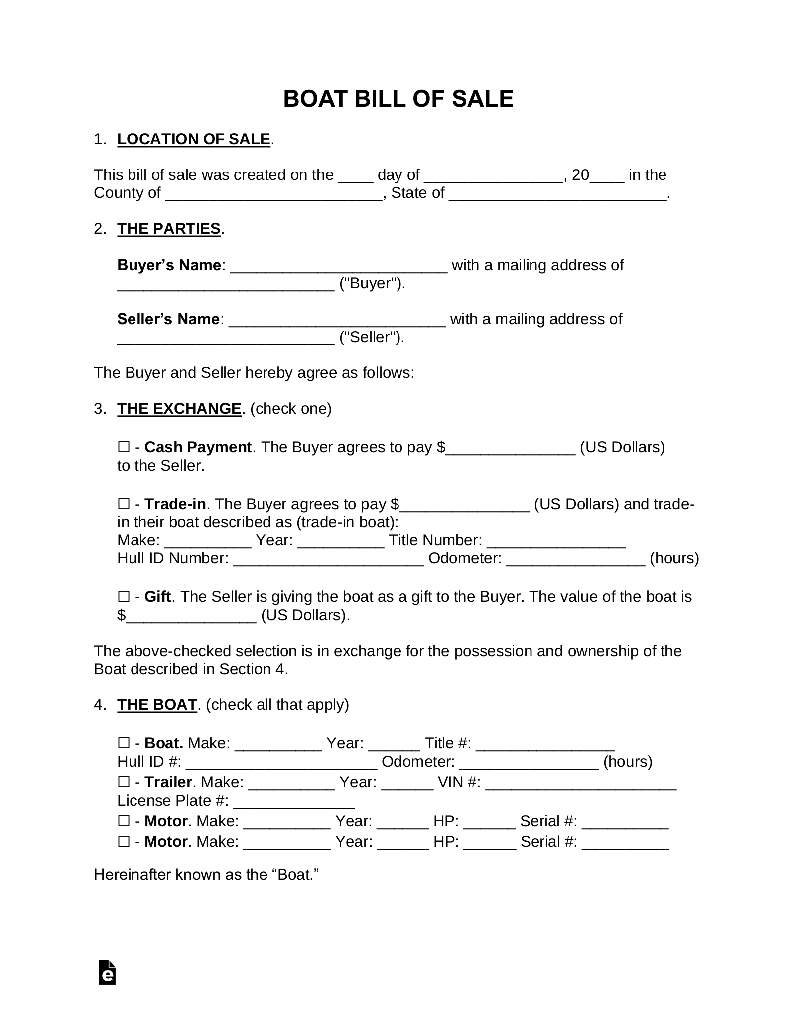 Free Boat Bill Of Sale - Pdf | Word – Eforms throughout Free Printable Bill of Sale For Boat