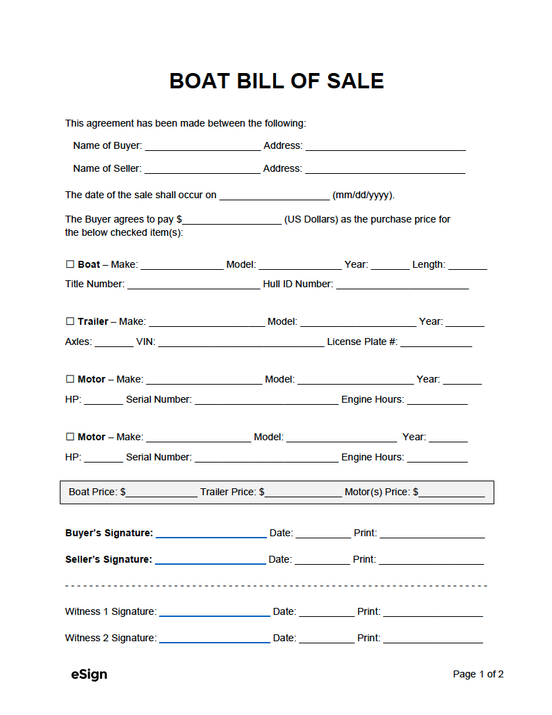 Free Boat (Vessel) Bill Of Sale Template | Pdf | Word with Free Printable Bill of Sale For Boat