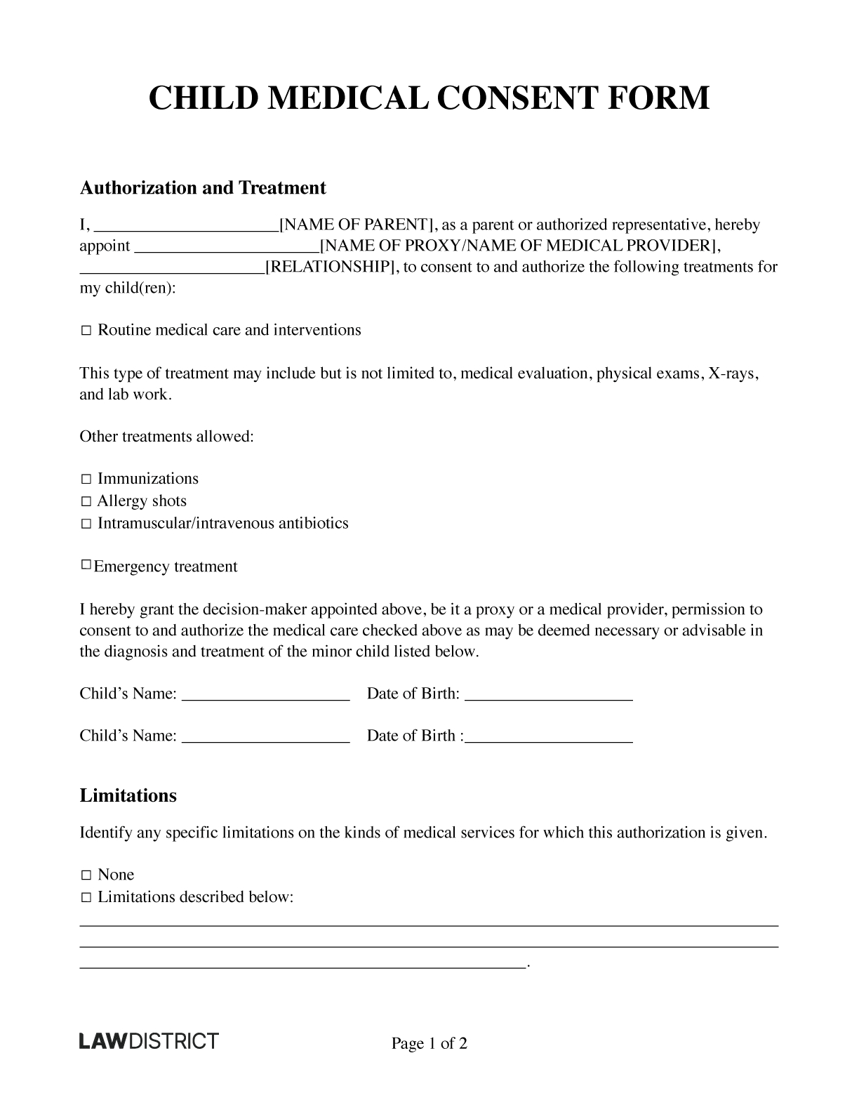 Free Child Medical Consent Form | Online Template | Lawdistrict within Free Printable Medical Consent Form For Minor