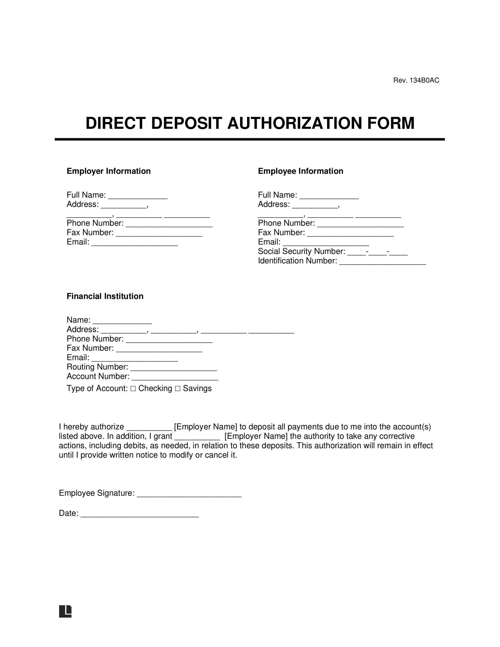 Free Direct Deposit Authorization Form | Pdf & Word in Printable Direct Deposit Form