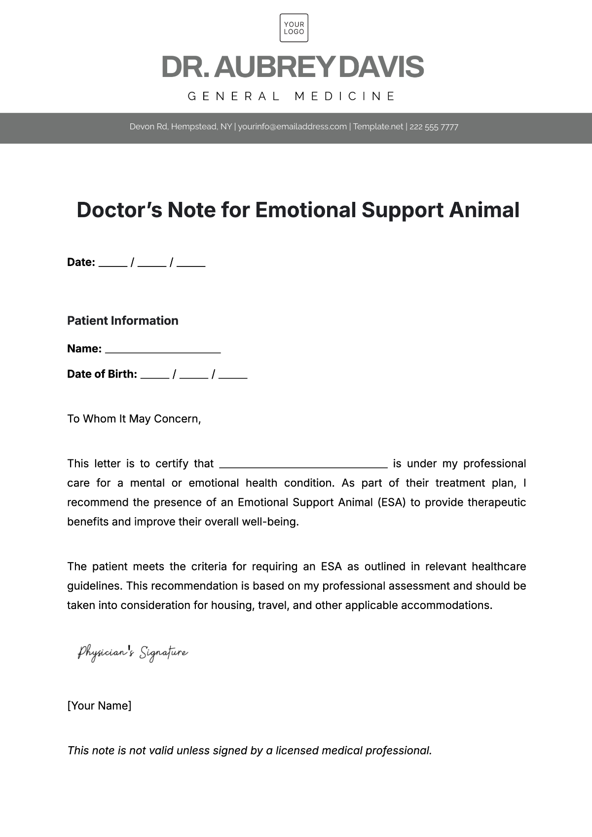 Free Doctors Note For Emotional Support Animal Template To Edit Online within Doctor Printable Free Emotional Support Animal Letter