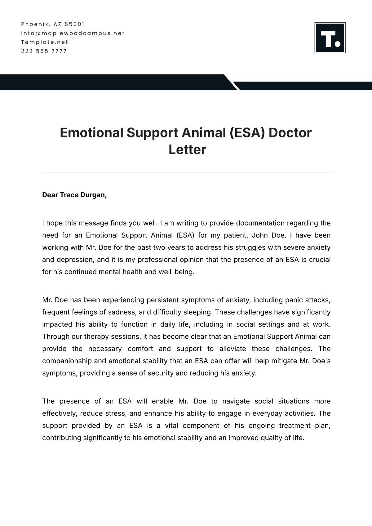 Free Emotional Support Animal (Esa) Doctor Letter Template To Edit regarding Doctor Printable Free Emotional Support Animal Letter