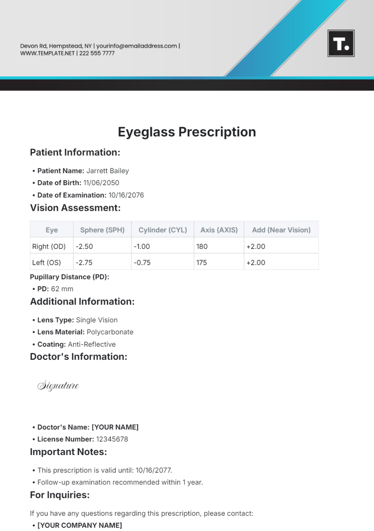 Free Eyeglass Prescription Template To Edit Online with Printable Contact Lens Prescription Template