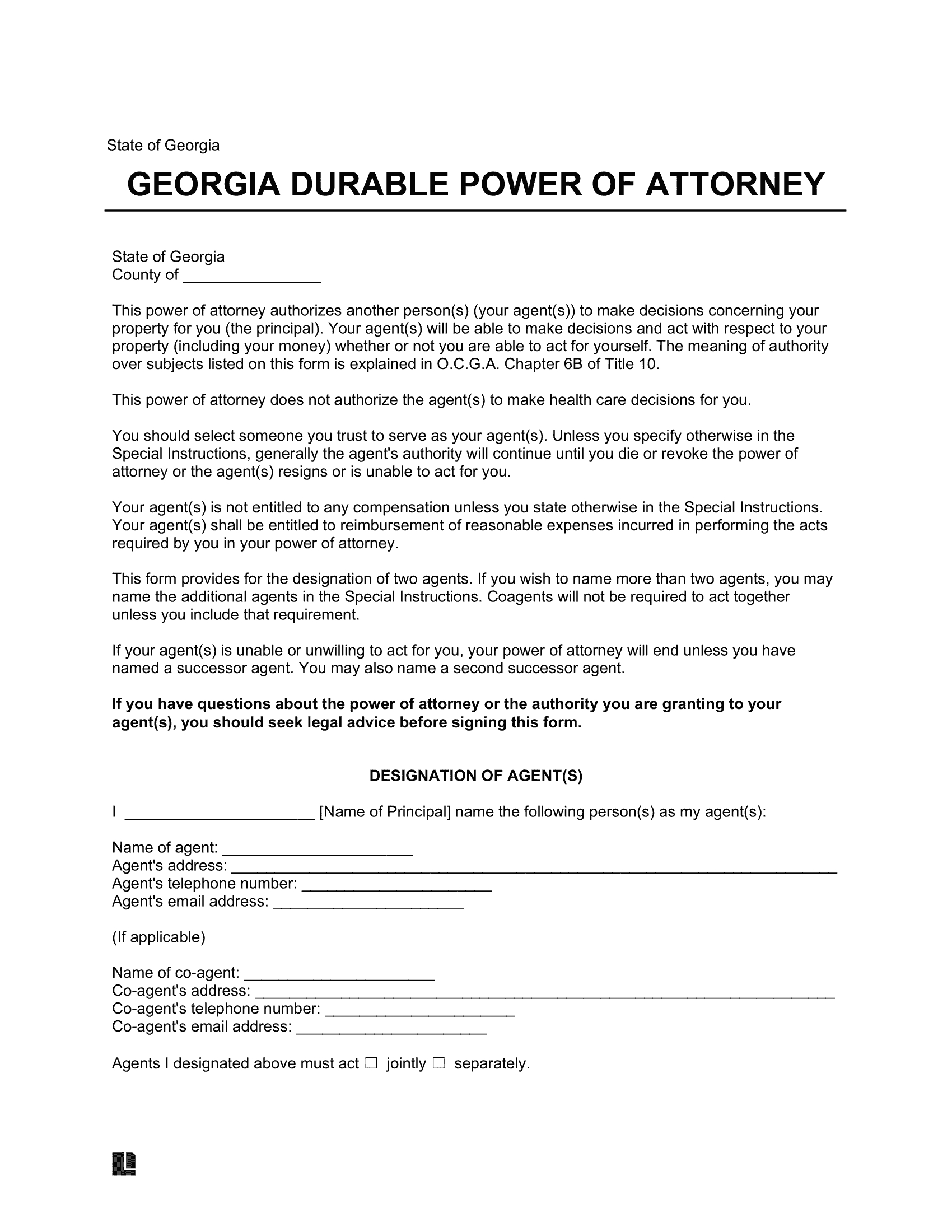 Free Georgia Durable (Statutory) Power Of Attorney Form | Pdf & Word inside Printable Wills I Powers Of Attorney Form For Georgia Free