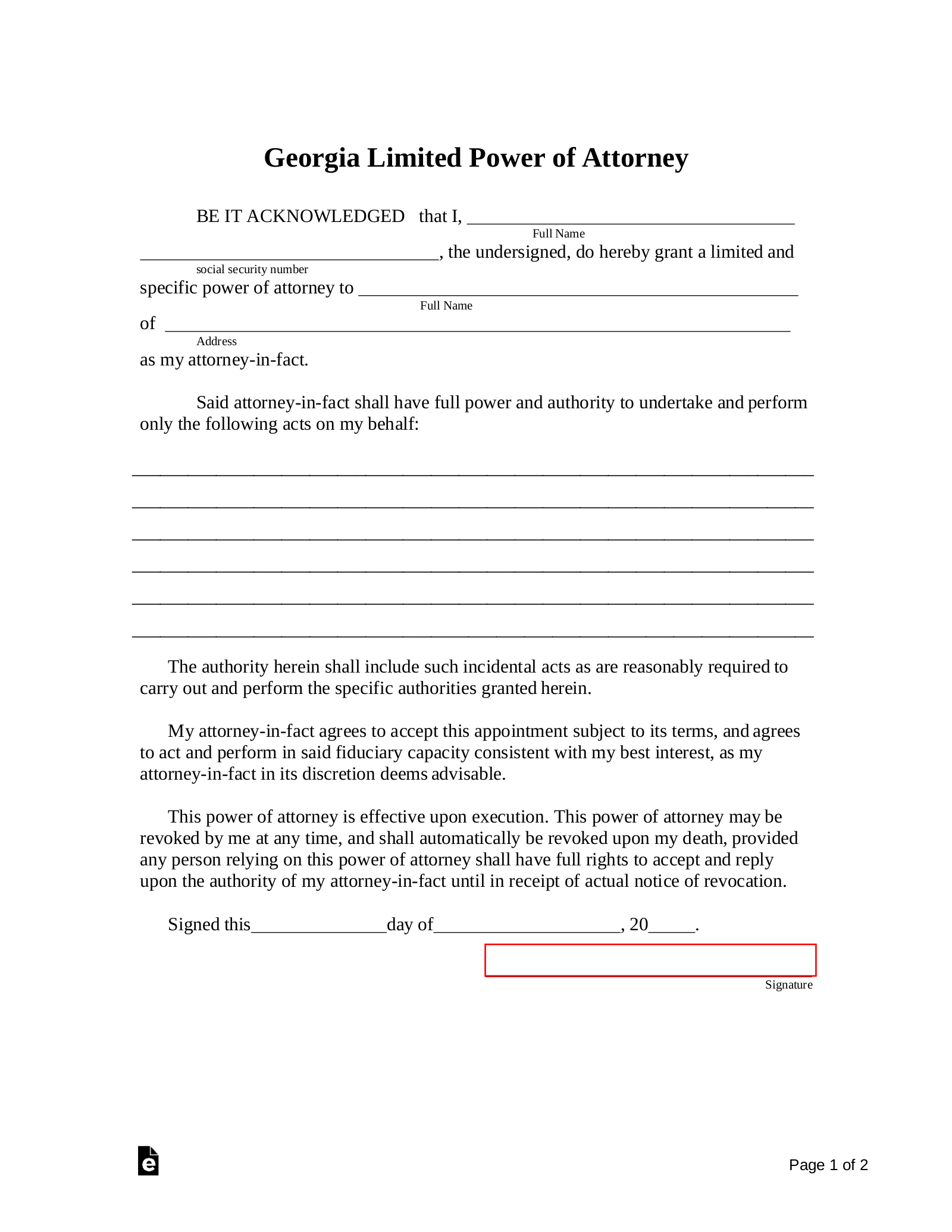 Free Georgia Limited Power Of Attorney Form - Pdf | Word – Eforms inside Printable Wills I Powers Of Attorney Form For Georgia Free