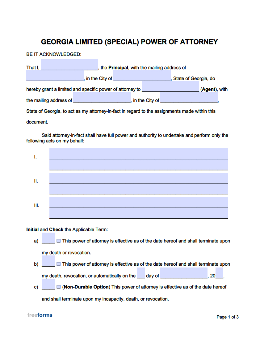 Free Georgia Limited (Special) Power Of Attorney Form | Pdf | Word pertaining to Printable Wills I Powers of Attorney Form For Georgia Free