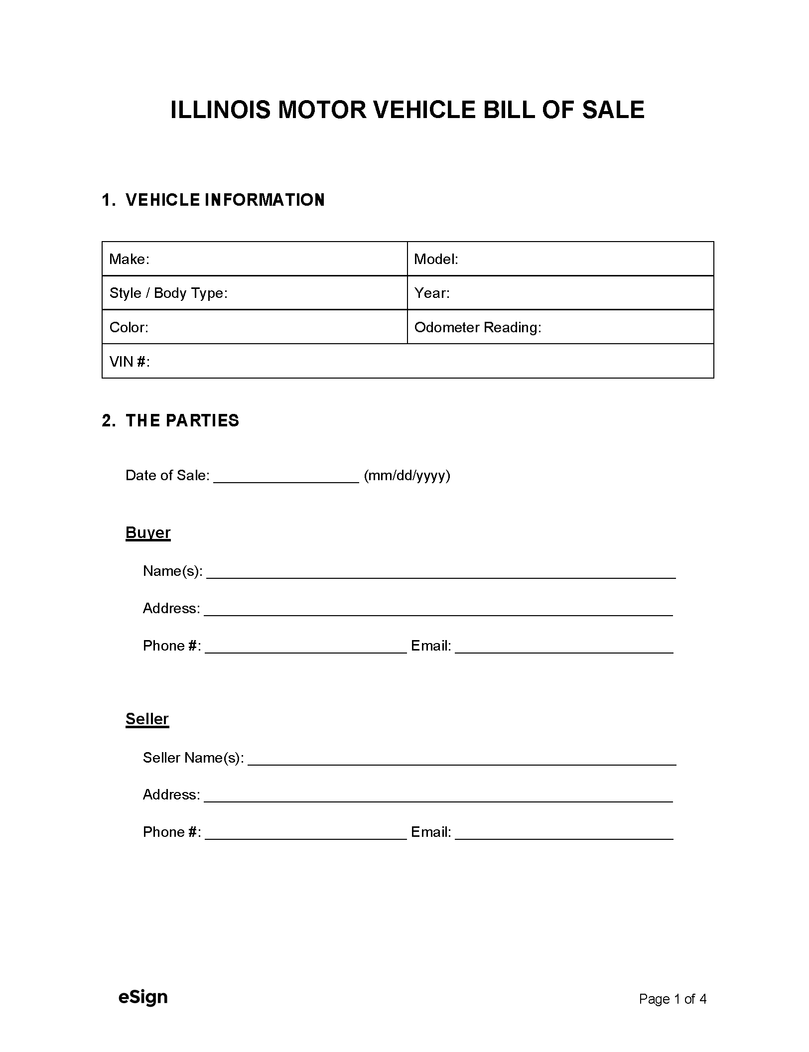 Free Illinois Motor Vehicle Bill Of Sale Form | Pdf | Word intended for Printable Bill of Sale For Car Illinois