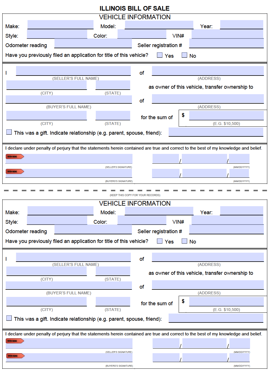 Free Illinois Motor Vehicle (Dmv) Bill Of Sale Form | Pdf in Printable Bill Of Sale For Car Illinois